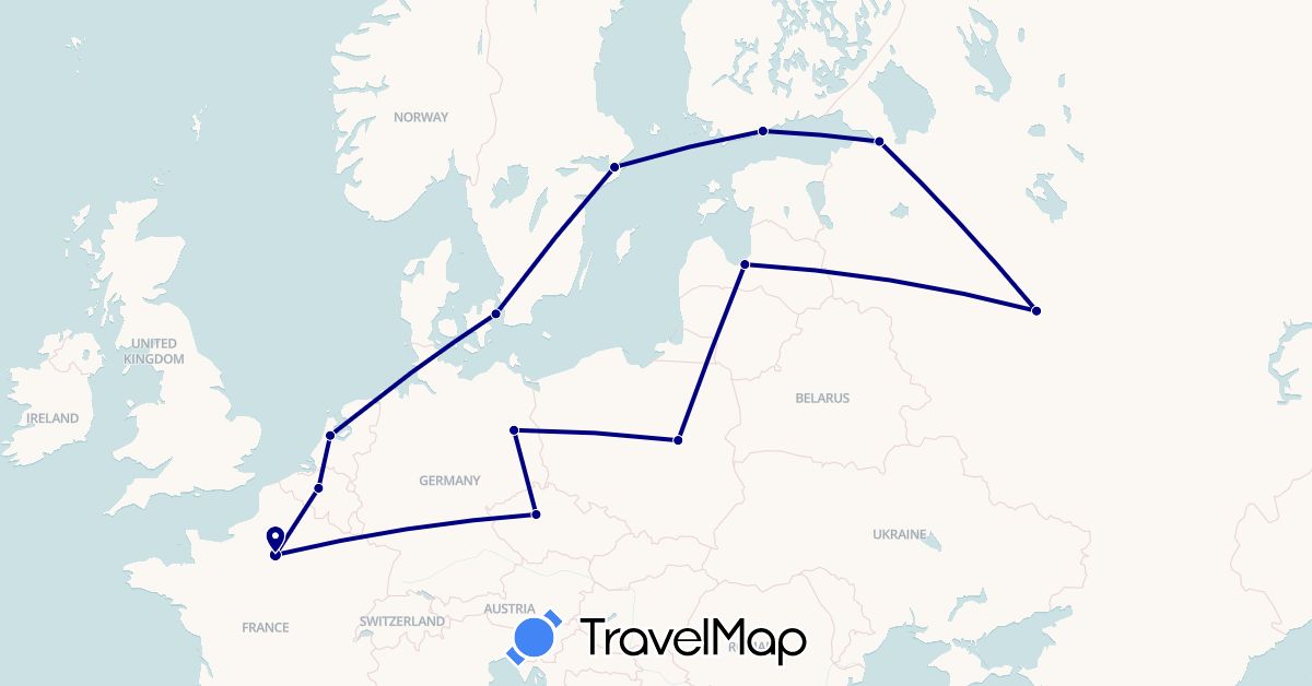 TravelMap itinerary: driving in Belgium, Czech Republic, Germany, Denmark, Finland, France, Latvia, Netherlands, Poland, Russia, Sweden (Europe)